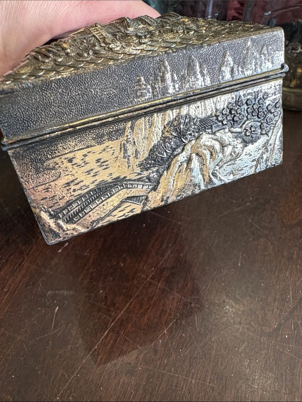 Ornate Embossed Metal Trinket Box in Aged Silver Tone